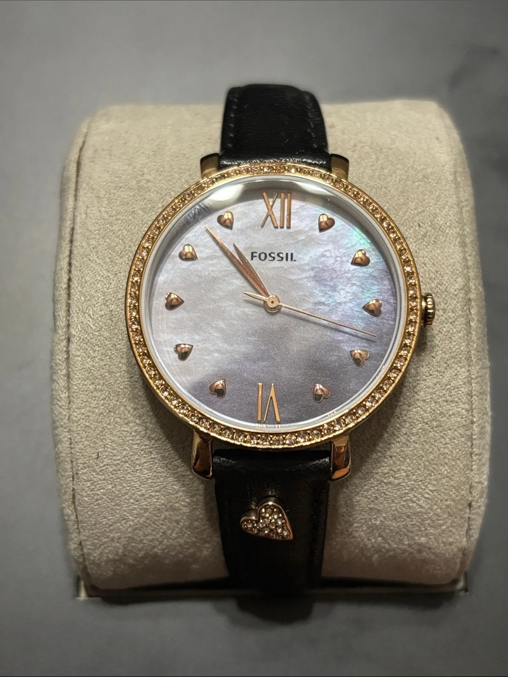 Fossil Rose Gold-Tone Watch with Mother-of-Pearl Dial and Black Strap - Picture 1 of 4